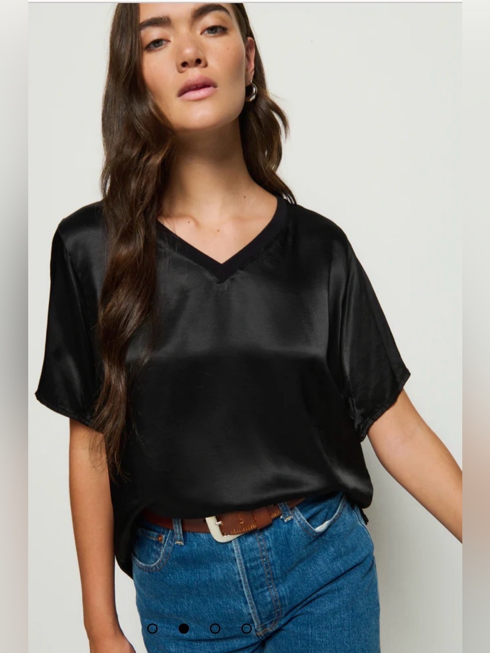 Nation LTD Black Satin V-Neck Short Sleeve Blouse
